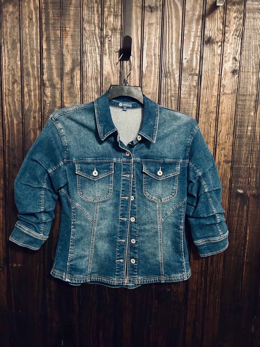Democracy Distressed Medium Blue Denim Jacket with Button Front